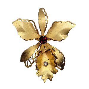 Antique Bugbee Niles Collectible BN Orchid Brooch Gold Tone w/Swarovski Crystals